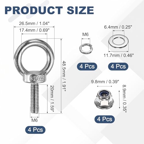 PATIKIL M6 x 20mm Shoulder Eye Bolt, 4 Pcs 304 Stainless Steel Lifting Ring Threaded Eye Bolt with Flange Lock Nuts Spring and Flat Washers for Hanging Tie Down Straps Outdoor Indoor - size: M6 x 20mm