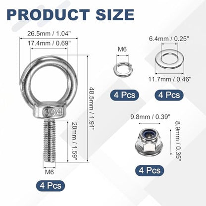 PATIKIL M6 x 20mm Shoulder Eye Bolt, 4 Pcs 304 Stainless Steel Lifting Ring Threaded Eye Bolt with Flange Lock Nuts Spring and Flat Washers for Hanging Tie Down Straps Outdoor Indoor - size: M6 x 20mm