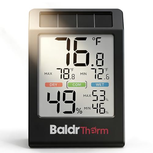 BALDR Solar Indoor Thermometer Hygrometer, Max/Min, Comfort Meter（Black） - color: Black