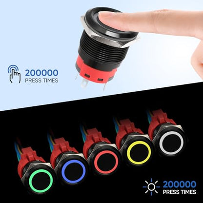 22MM Latching 12V Push Button Switch On/Off,Waterproof with LED Light Power Metal Button Switch for Marine,0.87" Hole with Wire Socket Plug Self-Locking (Ring White LED/Black Shell) - color: Black Shell-White