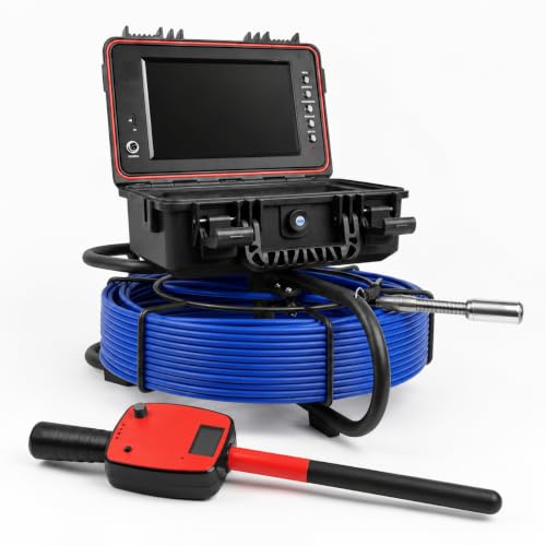 Sewer Camera Self-Leveling 100Ft, Drain Camera for HVAC/Pool/Petrol Pipes, 9'' HD Screen, IP68, DVR, 32GB - size: 165Ft/50M, Distance Counter, Red 512Hz Receiver