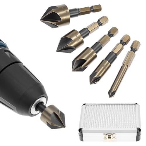 QWORK Countersink Drill Bit Set, 5 Piece 82 Degree 1/4 Inch Hex Shank HSS TiN Coated 5 Flute for Wood Metal Plastic Quick Change Sizes 1/4 3/8 1/2 5/8 3/4
