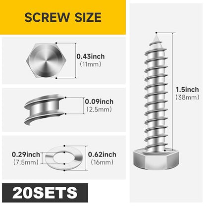 (20Sets) 1/4" x 1-1/2" Hex Head Lag Bolts, Heavy Duty Lag Screws with Washers, 304 Stainless Steel Bolts 18-8, Lag Screws Wood Screws, Partial Thread Bright Finish, 1/4 Bolt by Mywish - size: 1/4 x 1-1/2" (20 set)