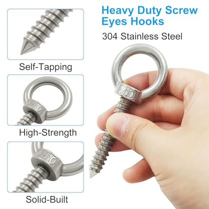 4pcs Heavy Duty Screw Eye Hooks M10-4 Inch Self Tapping Stainless Steel Eyelet Screw with 500 LBS Load Capacity for Hanging, Hammock & Swing Chair - size: 4 Inch