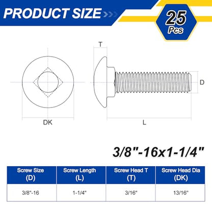 25Pcs 3/8"-16x1-1/4 Carriage Round Head Square Neck Bolt 304SS - color: Silver, size: 3/8"-16x1-1/4"