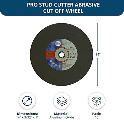Benchmark Abrasives Aluminum Oxide Type 1, 14 Inch Chop Saw Blade, Cutting Wheel with 3/32" X 1" Arbor, Fast Circular Saw Blades for Cutting Metal Steel Drywall - Grinding Wheel - 10 Pack