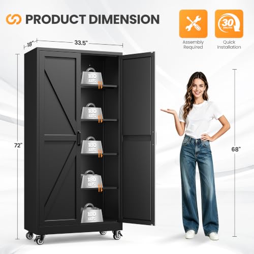 72" Tall Rolling Metal Garage Cabinets, Wheeled Black Storage Cabinet - color: Black, size: 72"H x 34"W x 18"D