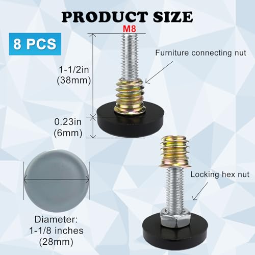 WAFJAMF 8 Pack M8 Thread Leveling Feet 28mm PTFE Bottom Furniture Glides - size: 28mm Base M8x1.5"-8 Pack