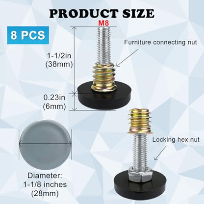 WAFJAMF 8 Pack M8 Thread Leveling Feet 28mm PTFE Bottom Furniture Glides - size: 28mm Base M8x1.5"-8 Pack