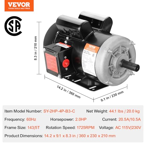 VEVOR 2HP Electric Motor 1725 RPM, AC 115V/230V, 143/5T Frame, Air Compressor Motor Single Phase, 7/8" Keyed Shaft, CW/CCW Rotation for Agricultural Machinery and General Equipment - size: 143/5T Frame