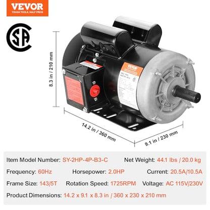 VEVOR 2HP Electric Motor 1725 RPM, AC 115V/230V, 143/5T Frame, Air Compressor Motor Single Phase, 7/8" Keyed Shaft, CW/CCW Rotation for Agricultural Machinery and General Equipment - size: 143/5T Frame