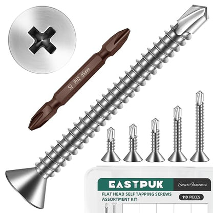 110pcs #8 Sheet Metal Self Tapping Screws Assortment Kit, 410 Stainless Steel Flat Head High-Strength Fast Self-Drilling Screws, Bright Finish - size: #8 Kit