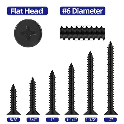 #6 x 1-1/4" Flat Head Self Tapping Screws, 304 Stainless Steel 18-8 Wood Screw, Black Finish, Screwdriver Bit Included, 100 PCS - color: Black, size: #6 x 1-1/4"