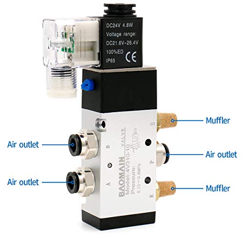 Baomain Pneumatic Solenoid Valve 4V310-10 DC 24V PT 3/8" 2 Position 5 Way Single Coil Pilot-Operated Electric Control with 3 Fitting and 2 muffler (DC 24V) - style: DC 24V