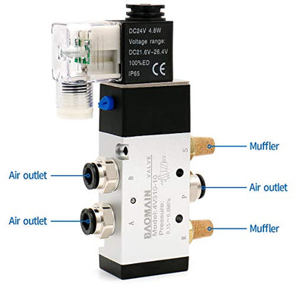 Baomain Pneumatic Solenoid Valve 4V310-10 DC 24V PT 3/8" 2 Position 5 Way Single Coil Pilot-Operated Electric Control with 3 Fitting and 2 muffler (DC 24V) - style: DC 24V
