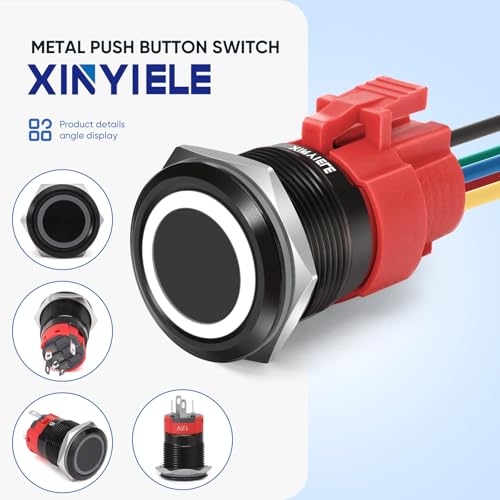 22MM Latching 12V Push Button Switch On/Off,Waterproof with LED Light Power Metal Button Switch for Marine,0.87" Hole with Wire Socket Plug Self-Locking (Ring White LED/Black Shell) - color: Black Shell-White