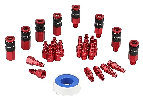 YOTOO 29 Pieces Universal Air Coupler and Plug Kit, Quick Connect Air Fittings, Heavy Duty Aluminum Air Hose Fittings, Lightweight, Push to Connect for air tools and air compressor, Red - color: Red, size: 29 Pieces Kit