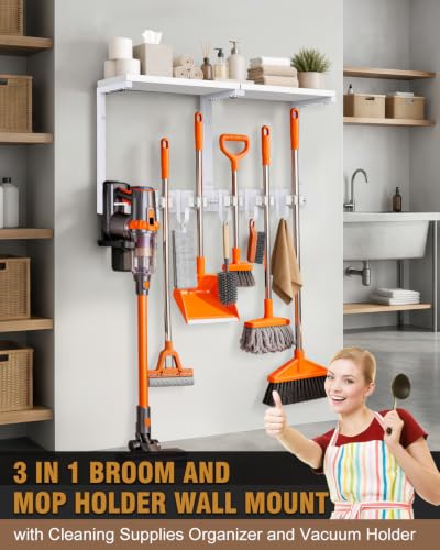 Large Broom Holder Wall Mount with Shelf, Vacuum Organizer, 5 Slots 5 Hooks - color: White, size: Large