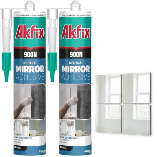 Akfix 900N Clear 100% Silicone Adhesive for Mirror (2x10.5 fl.oz.) - Solvent-Free Mirror Adhesive, Low Odor, Non-Corrosive, Durable, Fast Curing, Non-sag, Flexible Silicone Caulk | Clear, 2 Pack - size: 2 Pack, style: Mirror Adhesive-Clear