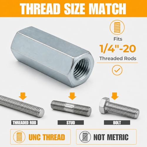 1/4-20 Hex Coupling Nut, Pack of 12 Zinc-Plated Carbon Steel Rod Coupler Extension Joiner - color: Silver, size: 1/4-20 x 1"