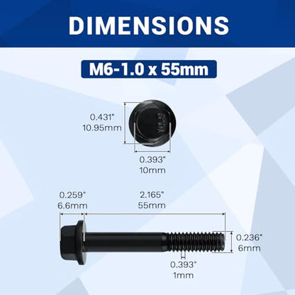 12-Sets M6-1.0 x 55mm Grade 10.9 Flange Hex Bolts + Flange Nut + Flat Washer + Lock Washer Combo Pack, Black Oxide, for Automotive & Machinery - size: M6-1.0 x 55mm