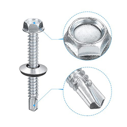 uxcell #14 x 2 Self Drilling Screws with Rubber Washer, 100pcs Zinc Plated Steel Roofing Screws Hex Head Self Tapping Screws with EPDM Washer for Metal to Metal - size: #14 x 2"