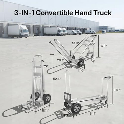 NORTHSKY 3-in-1 Convertible Hand Truck & Platform Cart, 770 lbs Heavy Duty Aluminum Dolly with 10" Solid Rubber Wheels&Folding Nose Extension – Ergonomic Anti-Slip Handle for Transporting & Moving