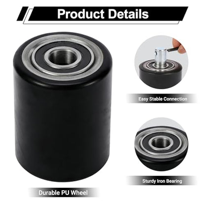 Two Packs of Pallet Jack/Truck Wheels 3” x 3.75” PU Poly Tread, 20mm ID Bearings, Full Set with Axles, Pins and Entry Exit Roller - color: Black