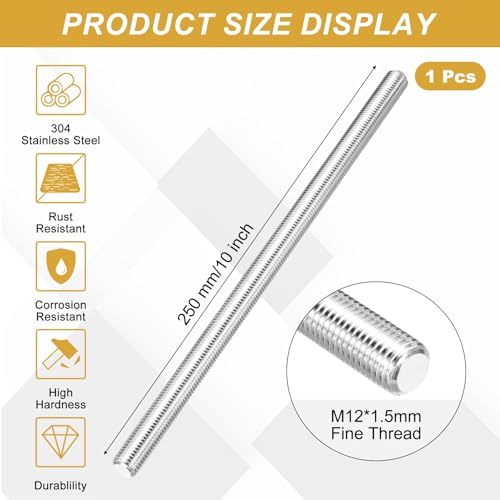 uxcell Fully Threaded Rod M12 x 1.5mm Pitch 250mm/10 inch Threaded - size: M12x1.5mmx250mm