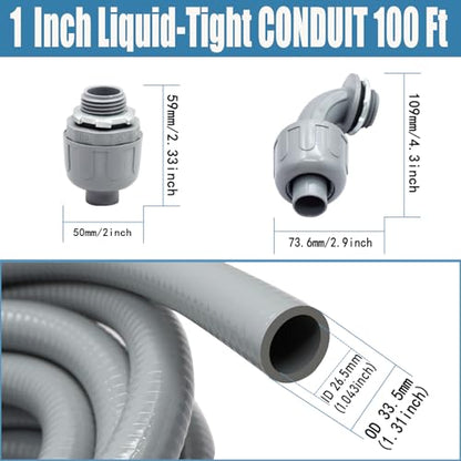 1 Inch Liquid-Tight Conduit and Connector Kit, 100 FT - size: 1 Inch 100 Ft