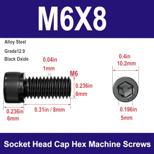 M6-1.0 x8mm Socket Head Cap Screws Bolts, Grade 12.9 Alloy Steel Black Oxide, M6 8mm Allen Socket Drive, Machine Thread with Hex Spanner,20 PCS (M6X8) - size: M6X8mm