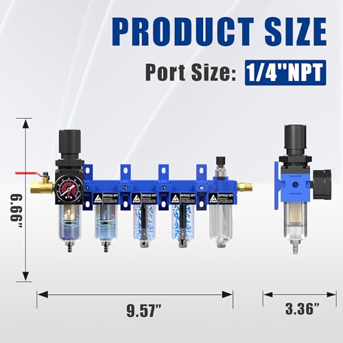 1/4" NPT 5 Stage Air Filter Regulator Lubricator Combo, Air Regulator and Water Separator,Air Compressor Water Separator,5 &0.01Micron Filter Cartridge,Double Desiccant Dryers-Blue - color: 5 Stage, size: 1/4'' NPT