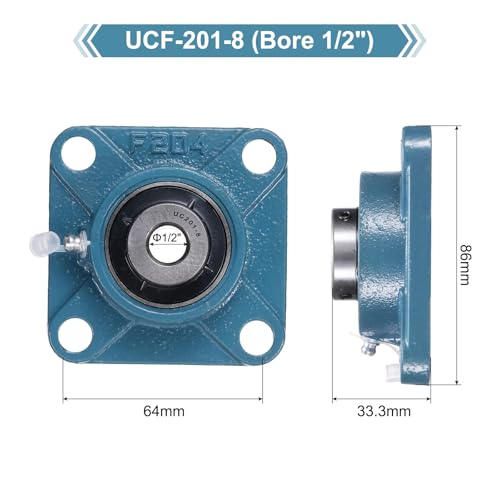 uxcell 2 Pcs UCF-201-8 Pillow Block Bearings 1/2 Inch Bore Self Alignment Chrome Steel Bearing Units, 4-Bolt Square Flange Mounted, Solid Base - size: UCF-201-8