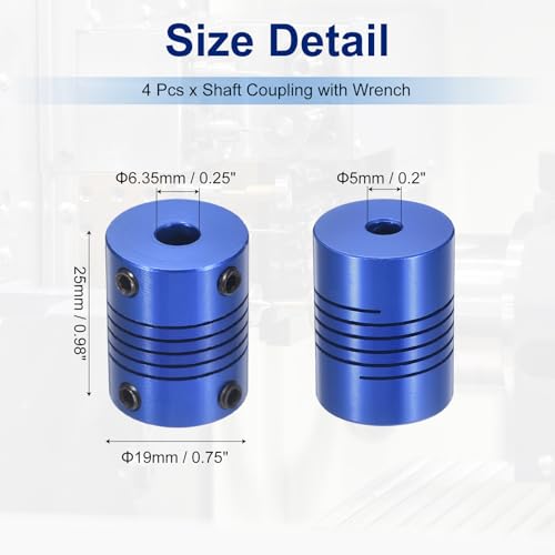 Flexible Shaft Coupling(5mm|6.35mm): 4 Pcs Blue Aluminum Alloy - color: Blue, size: 5mm x 6.35mm (19mm OD, 25mm L)