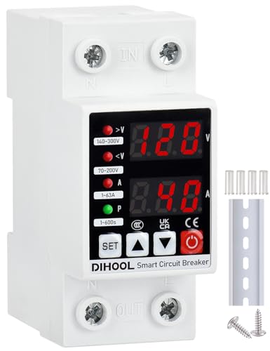 DIHOOL Adjustable Voltage Protector 110V 220V, Low/High Voltage Cutoff and Overcurrent Protection, 70-200V Undervoltage, 140-300V Overvoltage, 1-63A Smart Circuit Breaker AC Disconnect, DIN Rail Mount