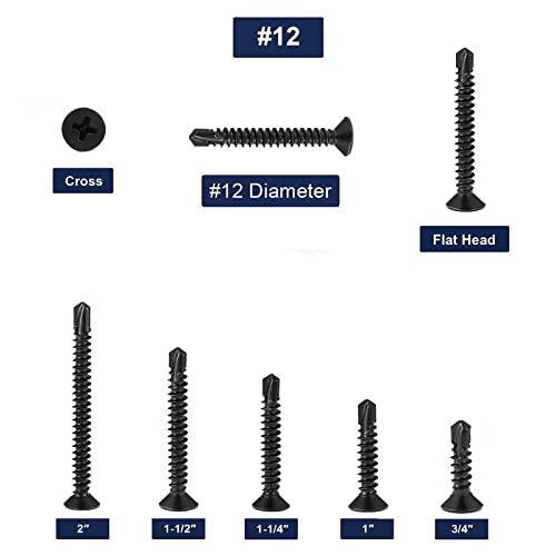 #12 x 1 Sheet Metal Screws 100Pcs 410 Stainless Steel Flat Head Fast Self Tapping Screws Black Oxide by SG TZH - size: #12 x 1"