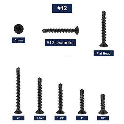 #12 x 1 Sheet Metal Screws 100Pcs 410 Stainless Steel Flat Head Fast Self Tapping Screws Black Oxide by SG TZH - size: #12 x 1"