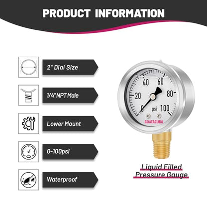 0-100psi Glycerin Filled Pressure Gauge, 2" Dial Size, 304 Stainless Steel Case, 1/4" NPT Lower Mount, with High Accuracy, for Measuring Water Air Hydraulic Pressure - size: 0-100psi, style: BRASS