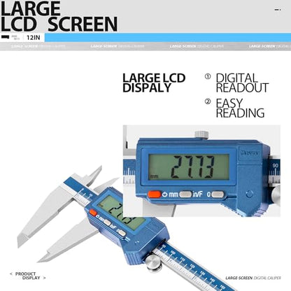 Dasqua 12" IP54 Digital Caliper, Stainless Steel Water-Resistant Precision Measuring Tool with Large LCD, Inch/Metric/Fraction Switch, Resolution 0.0005"/0.01mm/1/128, Accuracy ±0.001"/0.02mm - size: IP54 12"