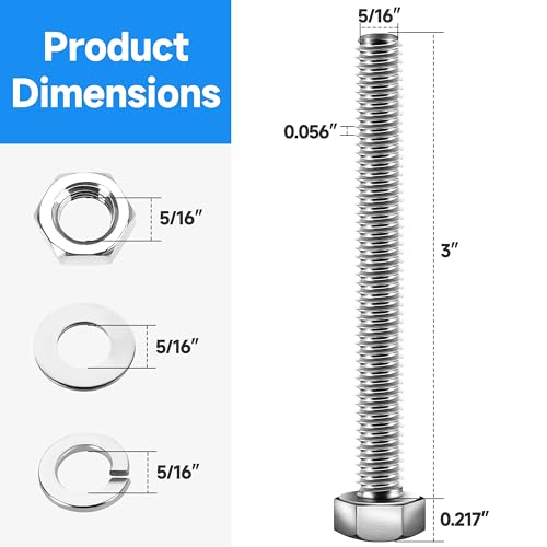 (12 Sets) 5/16-18 x 3", 5/16 Bolt Hex Head Screws Nuts and Bolts Kit with 5/16 Stainless Steel, Nuts Bolts Washers Assortment, Fully Threaded by Marysino - color: (Silver)-5/16, size: 3"