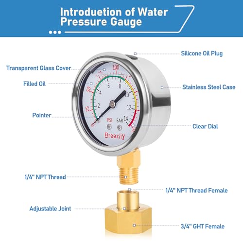 Water Test Pressure Gauge Kit,2.5" Dial+12" EPDM Rubber+1/4" Lead-Free Valve+1/4 to 3/4 Adapter,0-200PSI/0-1.4MPA（Stainless Steel/Color） Red Kit - size: Kit | Red