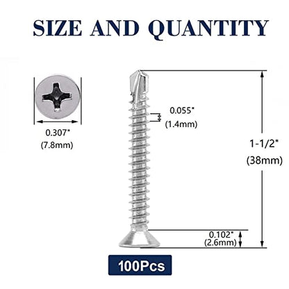 #8 x 1-1/2" Sheet Metal Screws 100Pcs 410 Stainless Steel Flat Head Tek Screws Fast Self Tapping Screws by SG TZH - size: #8 x 1-1/2"