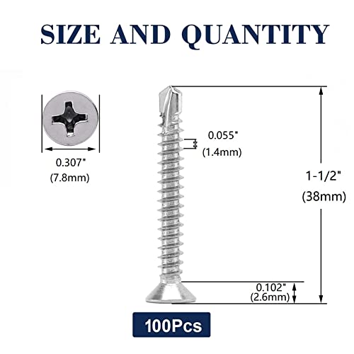 #8 x 1-1/2" Sheet Metal Screws 100Pcs 410 Stainless Steel Flat Head Tek Screws Fast Self Tapping Screws by SG TZH - size: #8 x 1-1/2"