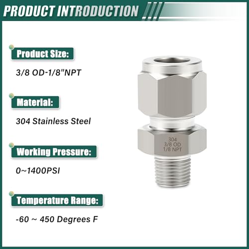 5PCS 304 Forging of Stainless Steel Compression Tube Pipe Fitting Connector, 3/8" Tube OD x 1/8" NPT Male Straight Adapter for fuel/air/liquid/oil/gas/vacuum pipelines