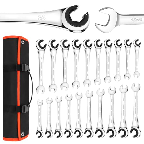 LOSCHEN Metric and SAE 20PCS Ratcheting Combination Wrench Set, Spanner Set with Open End, CR-V Steel Ratcheting Tubing Wrench Set with 72-Tooth Gear