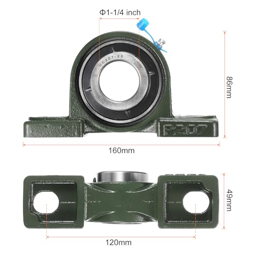 uxcell 2pcs UCP207-20 Pillow Block Bearings 1-1/4 inch Bore Self Alignment, Solid Cast Iron Base Mounted Chrome Steel Bearings - size: UCP207-20