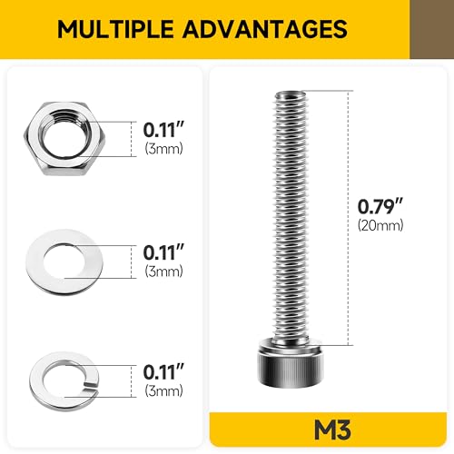 Mywish (100Sets) M3 Bolts, M3 x 20mm Socket Head Cap Screws Bolts, 304 Stainless Steel Allen Socket Hex Drive Screws, Bright Finish M3 Screw Kit with Nuts and Washers & Hex Spanner - size: M3 x 20mm