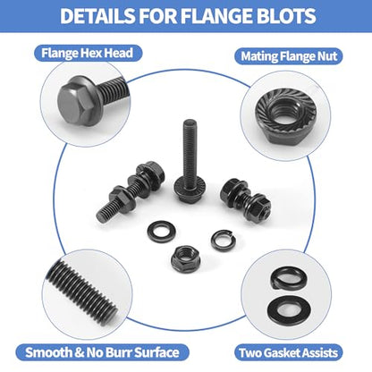 260Pcs M6 Black Flange Bolts Assortment Kit with Flange Nuts,Washers & Lock Spring Washers,M6-1.0x12/16/20/25/30/35/40mm Hex Head Screw,Carbon Steel Full Thread DIN 6921 - size: Black M6 Flange Blots Kit