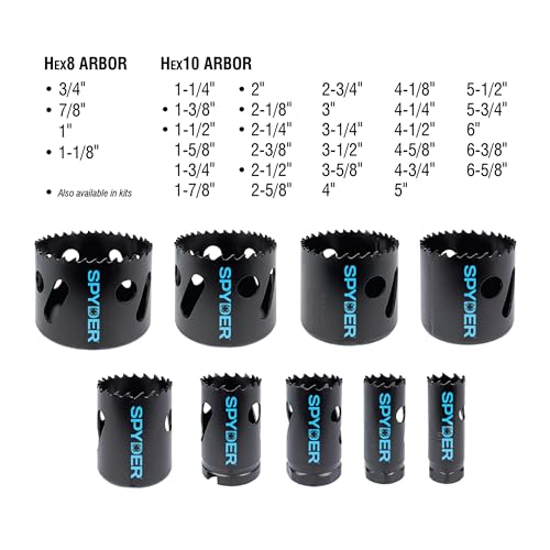 Spyder 11-Piece Bi-Metal Hole Saw Kit, 7 Hole Saws, Hex8 and Hex10 HSS Pilot Bits, and Hex8 and Hex10 Arbors, Rapid Core Eject Arbor System - size: 11-Piece