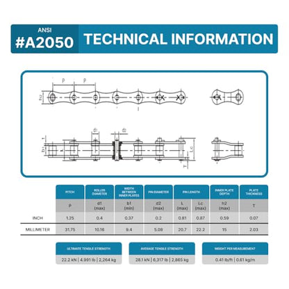 PGN A2050 Conveyor Roller Chain x 100 Feet + 10 Connecting Links